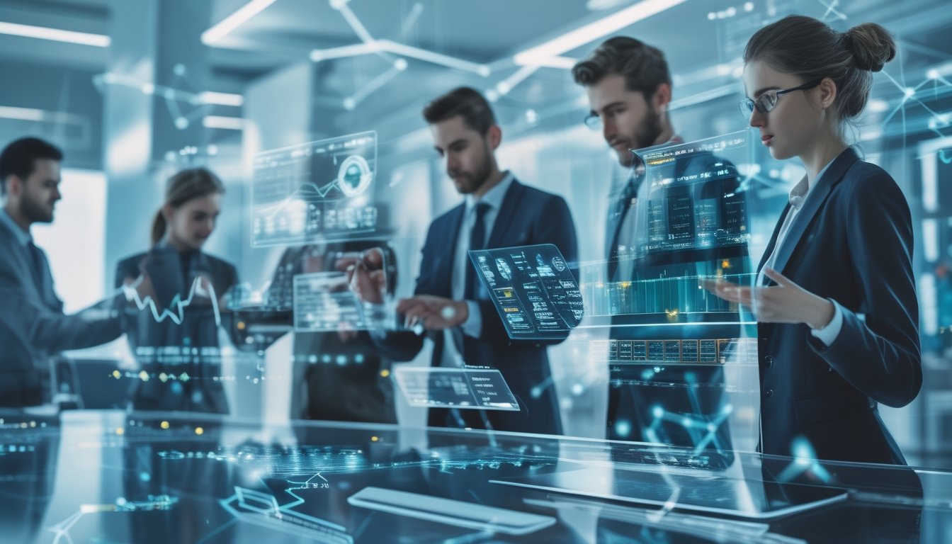 Beberapa profesional sedang bekerja dengan layar digital transparan yang menampilkan data dan grafik terkait industri taruhan online di lingkungan kantor modern.