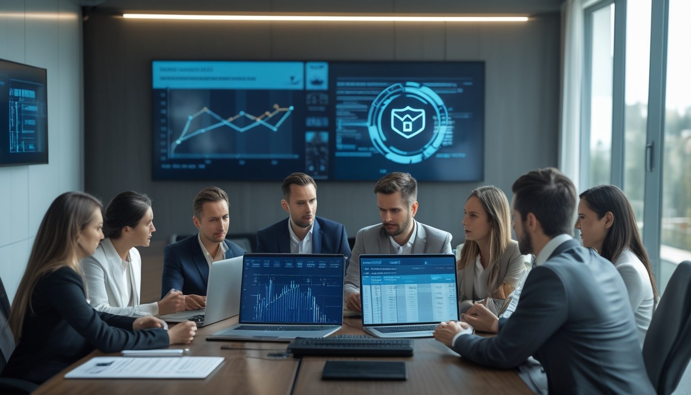 Sekelompok profesional sedang berdiskusi di ruang kantor modern dengan laptop dan dokumen yang menunjukkan grafik dan simbol keamanan terkait platform taruhan online.