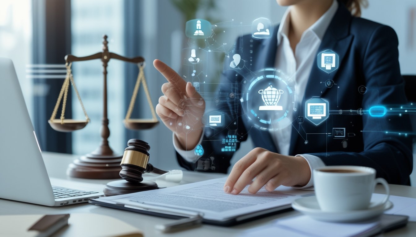 Seorang profesional sedang meninjau dokumen hukum di kantor modern dengan simbol keadilan dan ikon digital yang mewakili regulasi dan perlindungan konsumen dalam industri taruhan online.