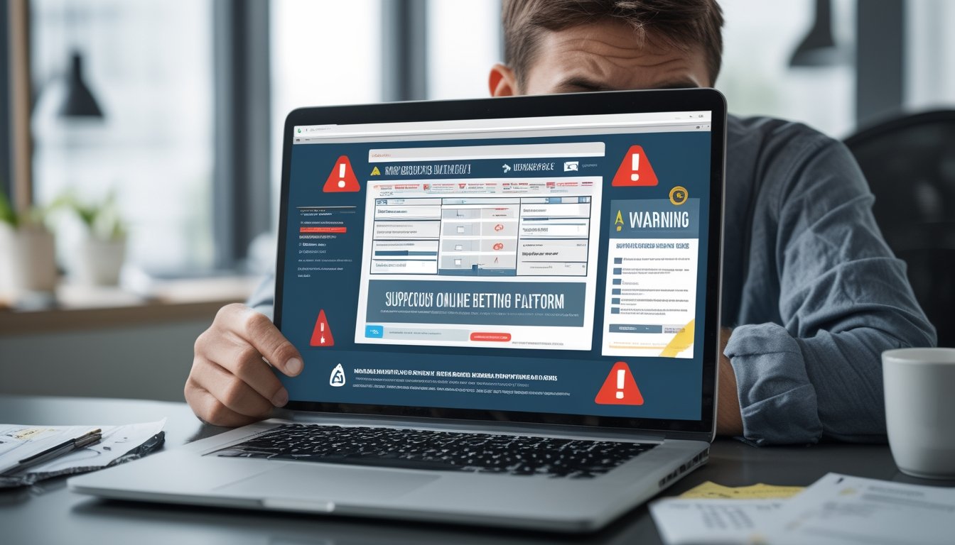 Seseorang duduk di meja dengan laptop yang menampilkan situs taruhan online mencurigakan, terlihat tanda peringatan di layar, di ruang kantor modern.
