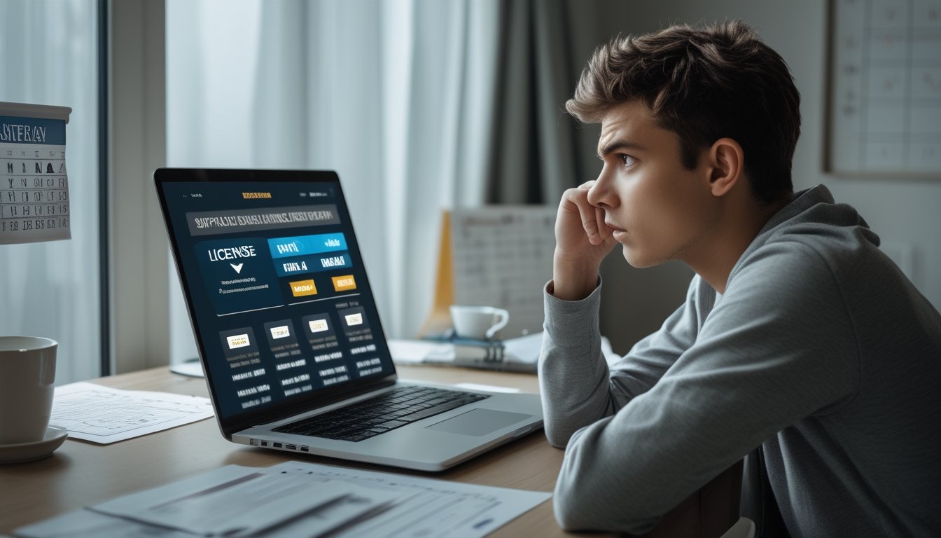 Seorang dewasa muda duduk di meja dengan laptop, menampilkan situs taruhan online yang mencurigakan, tampak ragu dan berhati-hati.