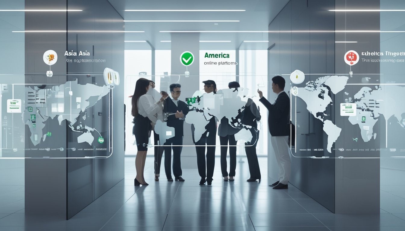 Beberapa profesional sedang berdiskusi di kantor modern sambil melihat tiga layar digital yang menampilkan peta Asia, Eropa, dan Amerika dengan simbol terkait regulasi platform taruhan online.