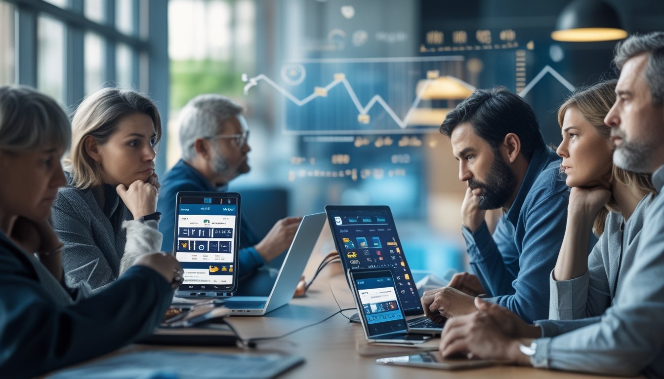 Sekelompok orang dewasa di lingkungan perkotaan menggunakan ponsel dan laptop dengan ekspresi serius, menggambarkan dampak sosial dan ekonomi dari pertumbuhan platform taruhan online.