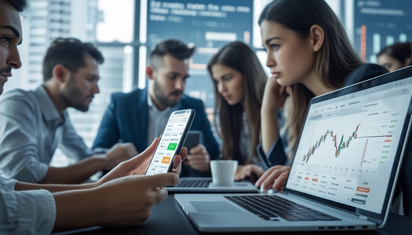 Sekelompok orang beragam usia menggunakan perangkat digital di lingkungan perkotaan, menunjukkan interaksi sosial dan dampak ekonomi dari platform taruhan online.
