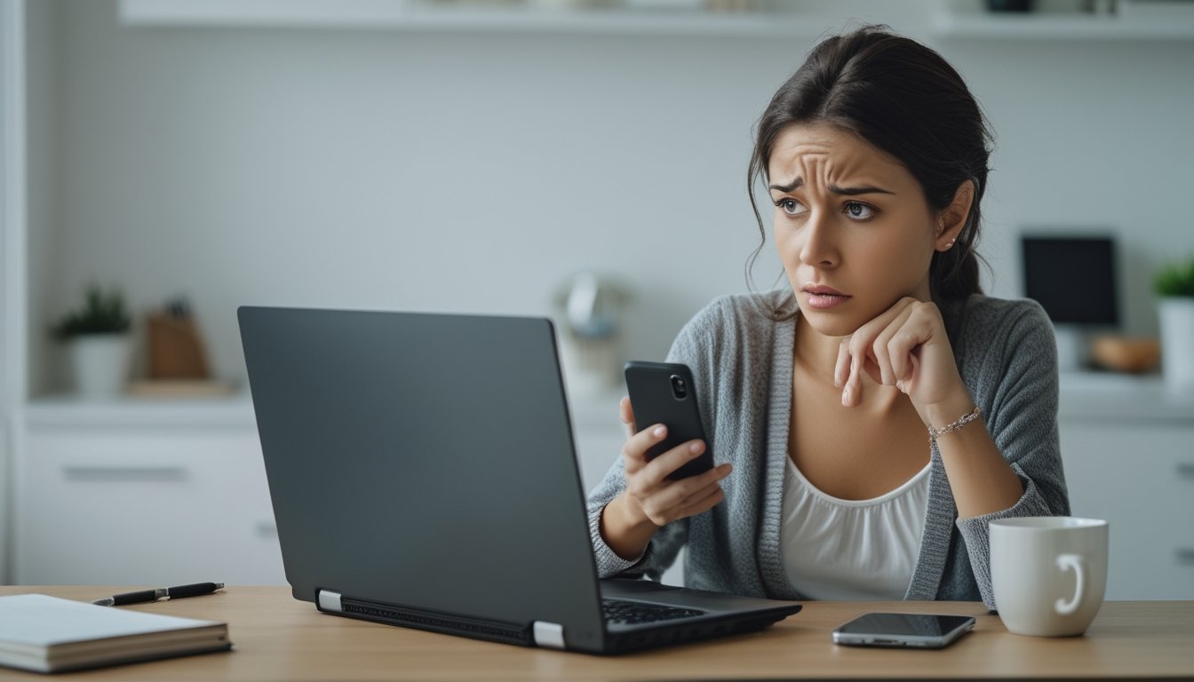 Seorang wanita muda duduk di meja dengan laptop dan ponsel, terlihat khawatir sambil memeriksa layar perangkatnya di ruang kerja rumah.