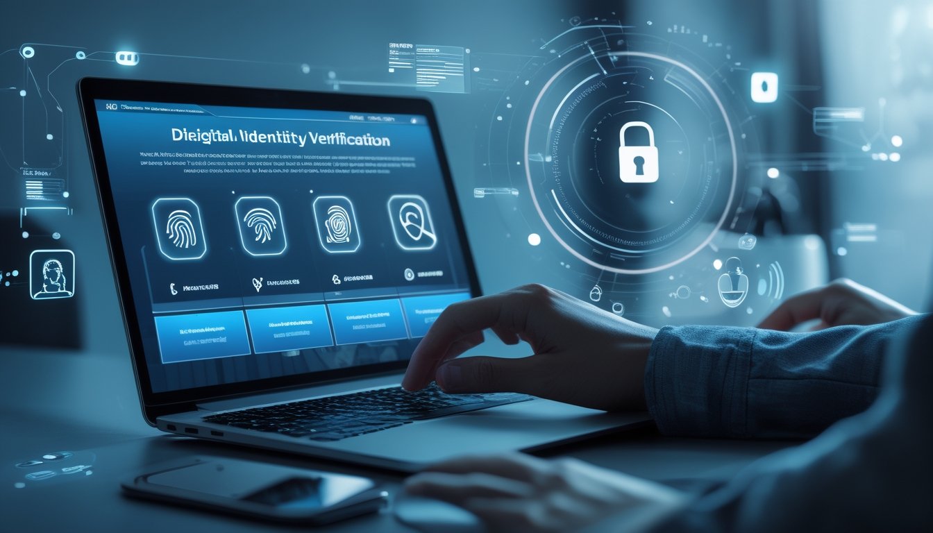Seseorang menggunakan laptop dengan tampilan verifikasi identitas digital dan simbol keamanan di sekitarnya.