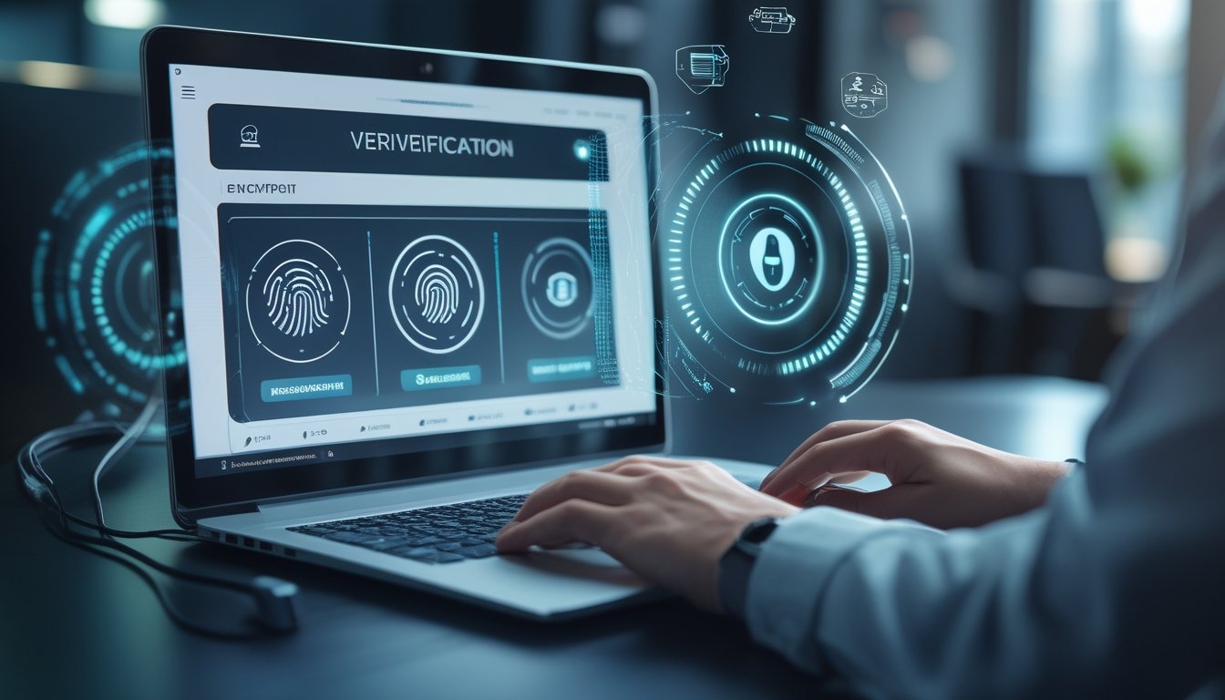 Seseorang menggunakan laptop dengan tampilan proses verifikasi identitas digital pada platform taruhan online.