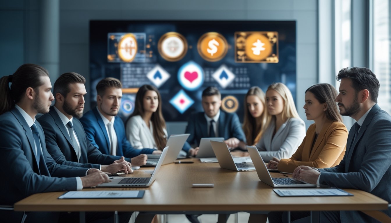 Sekelompok profesional sedang rapat serius di ruang kantor modern membahas operasi platform taruhan online.