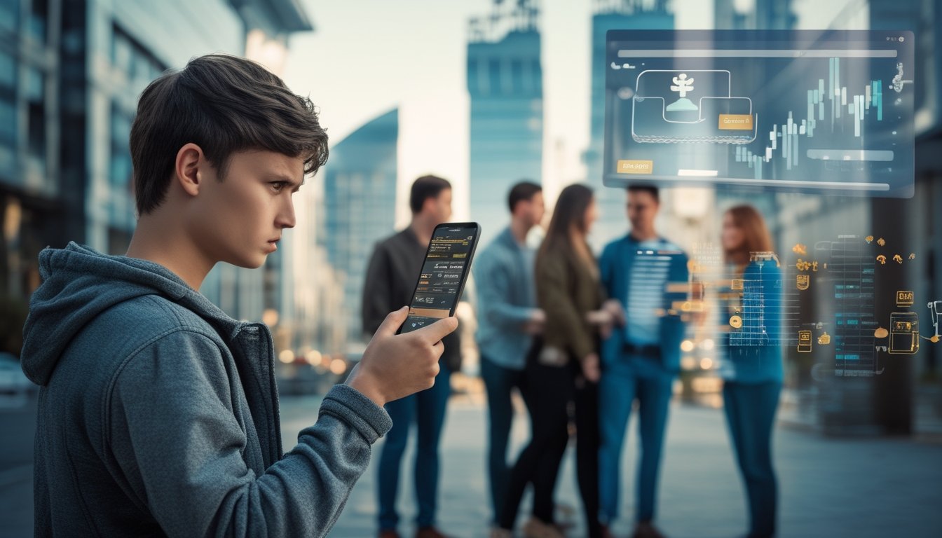 Sekelompok orang di lingkungan perkotaan yang menunjukkan berbagai ekspresi, termasuk kekhawatiran dan diskusi serius, dengan latar belakang kota dan ilustrasi digital yang menggambarkan dampak sosial dan ekonomi dari platform taruhan online.