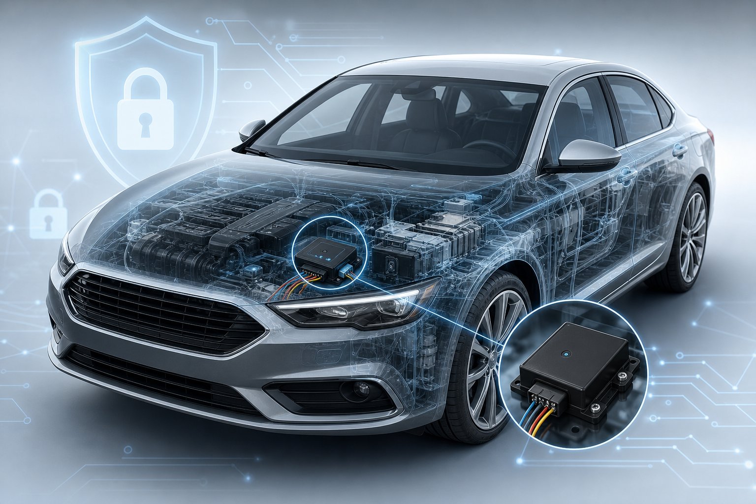 A modern car with a transparent view showing an immobiliser device inside the engine, surrounded by digital security icons.
