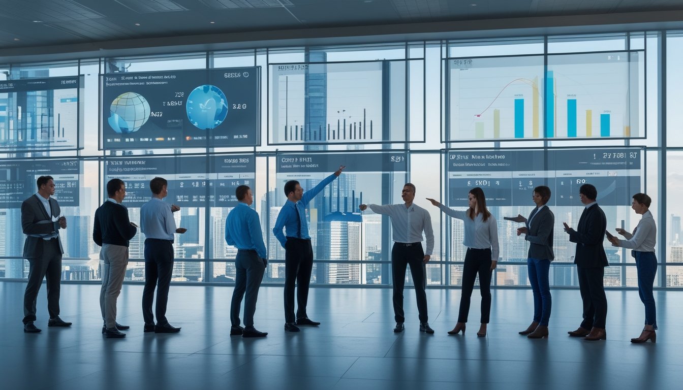 Sekelompok profesional sedang menganalisis data tren industri platform taruhan online di kantor modern dengan layar digital besar.