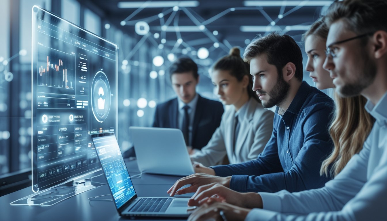 Sejumlah profesional muda sedang menganalisis data pada layar digital transparan di ruang kerja modern dengan latar belakang kota futuristik.