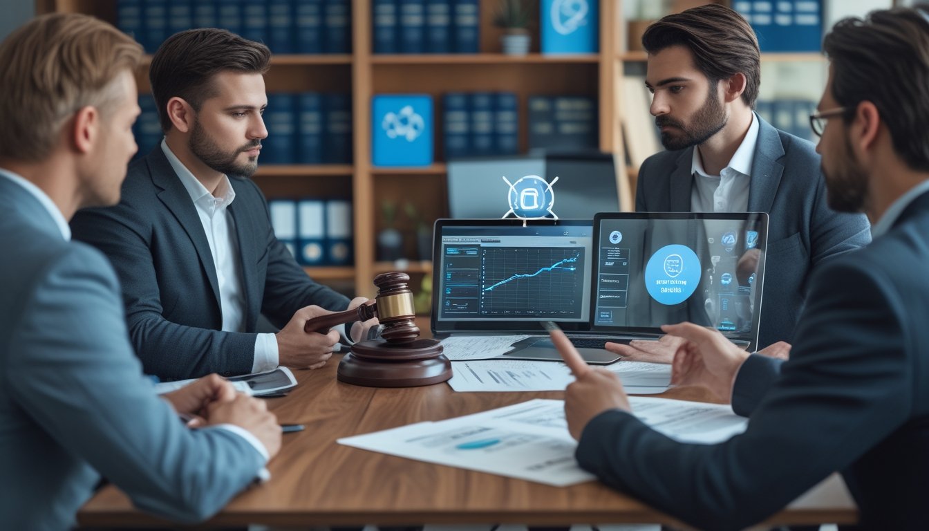 Sekelompok profesional sedang berdiskusi di ruang kantor tentang regulasi dan perlindungan konsumen dalam industri platform taruhan online.