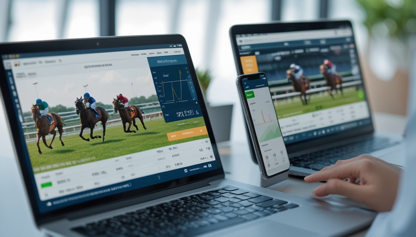 Seseorang menggunakan beberapa perangkat dengan tampilan siaran langsung pacuan kuda dan update odds secara real-time.