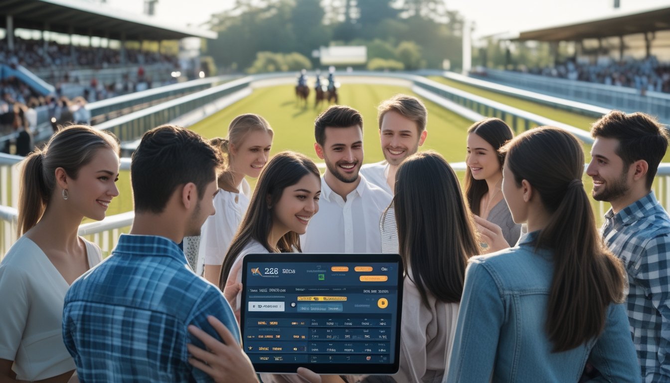 Beberapa orang muda sedang menggunakan perangkat digital untuk melihat platform taruhan pacuan kuda dengan latar belakang arena pacuan kuda dan kuda yang sedang berlomba.