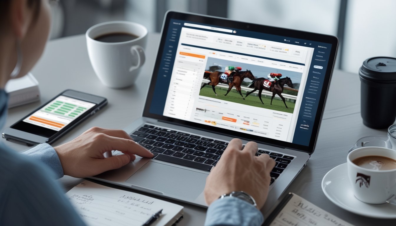 Seorang pengguna sedang menggunakan laptop dengan tampilan platform taruhan pacuan kuda, dikelilingi oleh ponsel, secangkir kopi, dan buku catatan di meja kerja.
