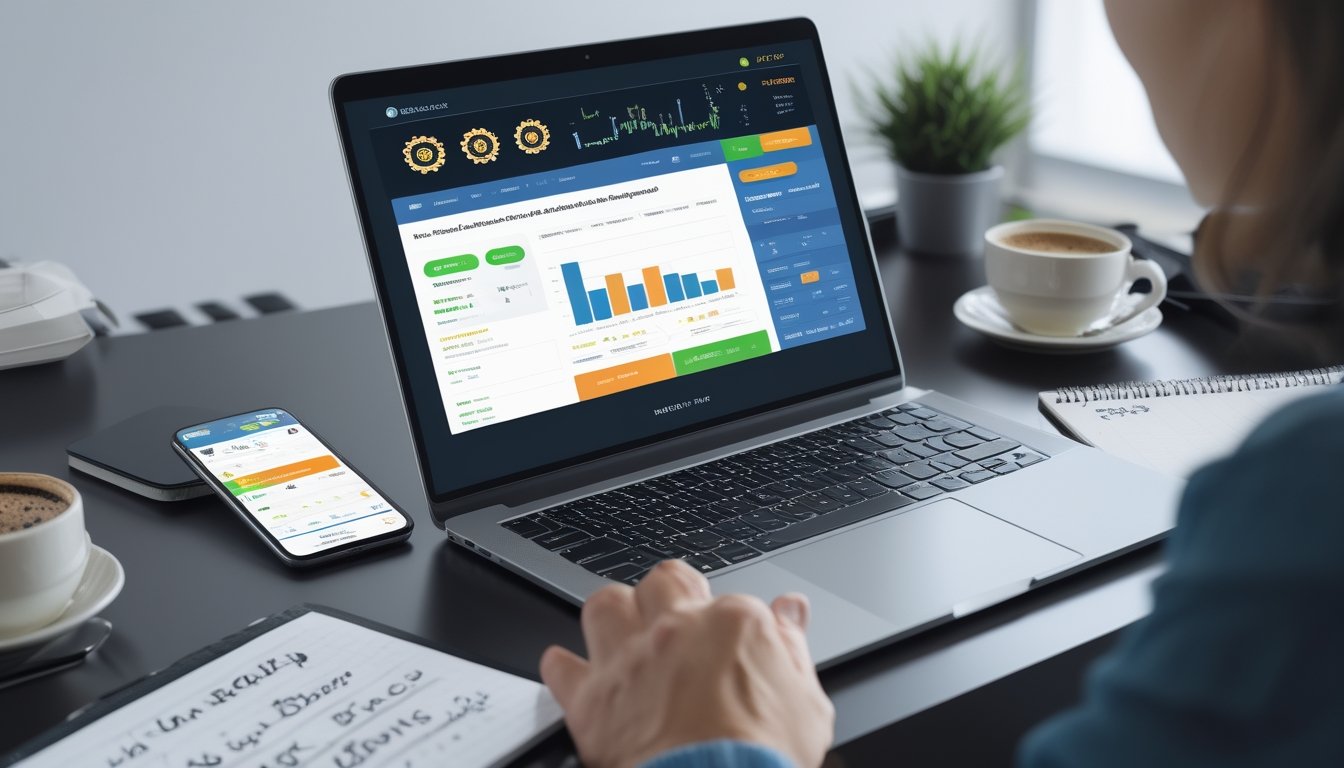 Sebuah meja kerja modern dengan laptop, ponsel, dan alat tulis yang menunjukkan suasana evaluasi platform taruhan pacuan kuda online.