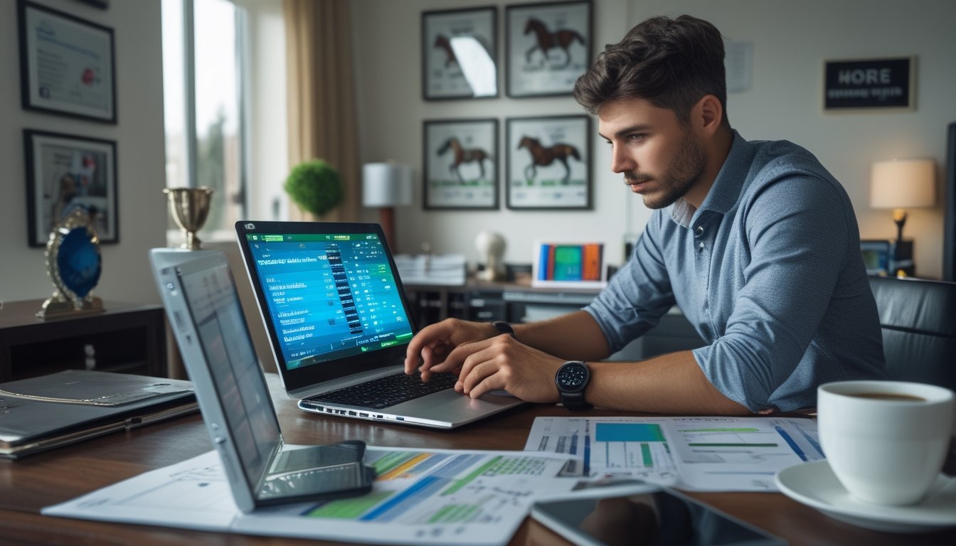 Seseorang yang fokus menggunakan laptop dan ponsel untuk menganalisis data dan peluang taruhan pacuan kuda di ruang kerja yang modern.