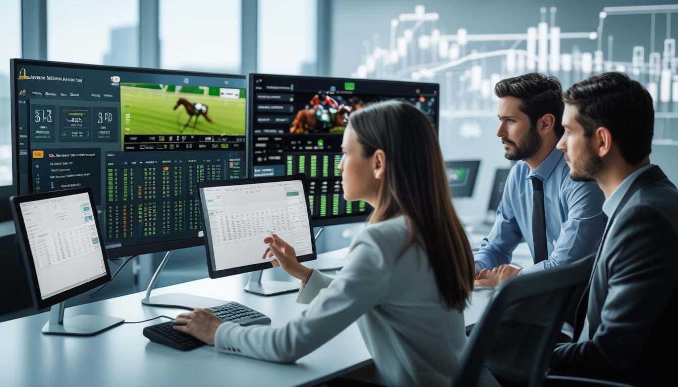 Sejumlah profesional sedang bekerja di kantor modern dengan beberapa layar besar menampilkan data pacuan kuda dan peluang taruhan.