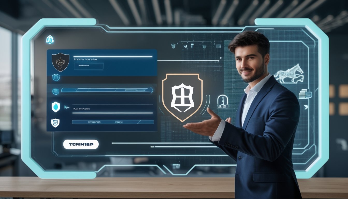 Seorang profesional menggunakan antarmuka digital futuristik dengan ikon keamanan data, di latar belakang terdapat elemen yang menggambarkan pacuan kuda.