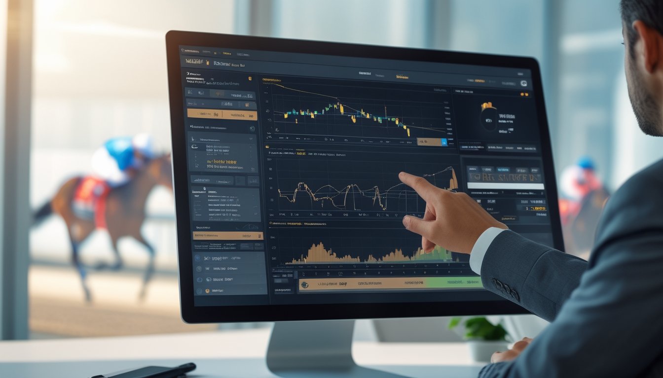 Seseorang menggunakan komputer dengan tampilan analisis balapan kuda secara real-time di layar dalam ruangan kantor.