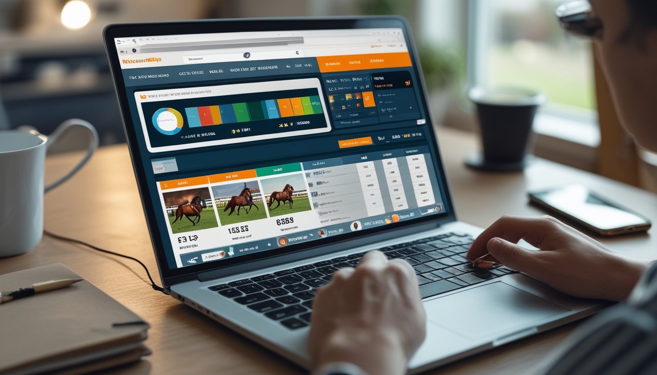 Seseorang sedang menggunakan laptop untuk melihat platform taruhan balap kuda online di sebuah ruang kerja yang nyaman.