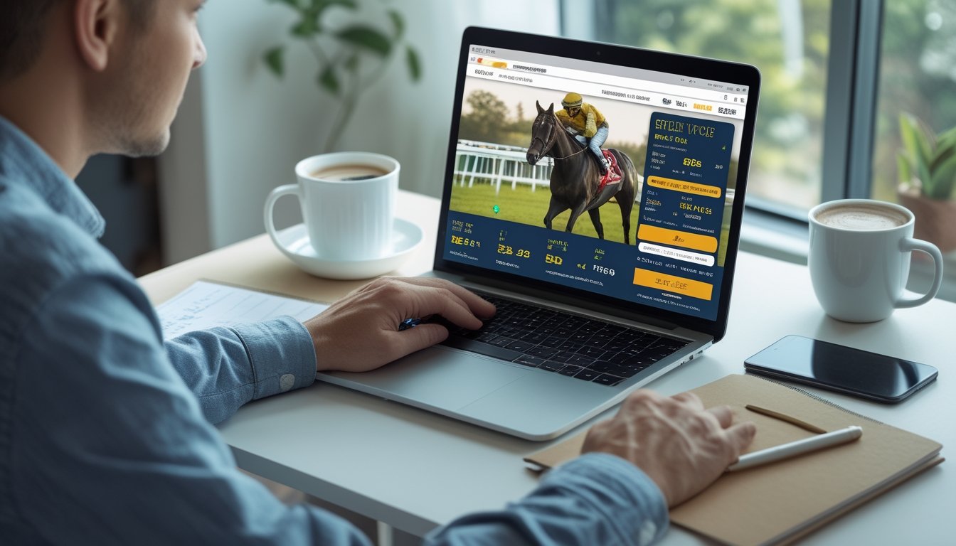 Seseorang menggunakan laptop di meja kerja dengan tampilan situs balap kuda online, suasana nyaman dan teratur.