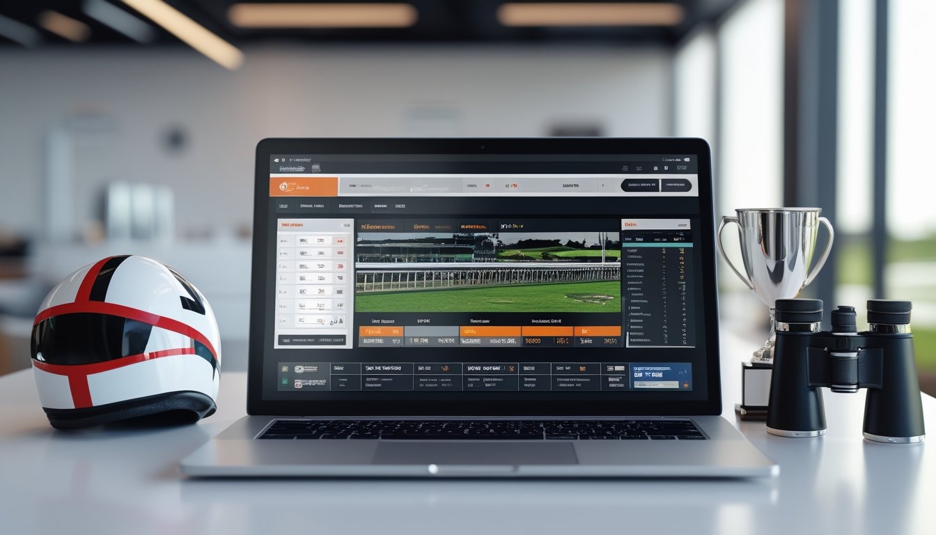 Seorang laptop menampilkan platform taruhan balap kuda dengan statistik balapan lengkap di meja kerja yang rapi dengan perlengkapan balap kuda di sekitarnya.