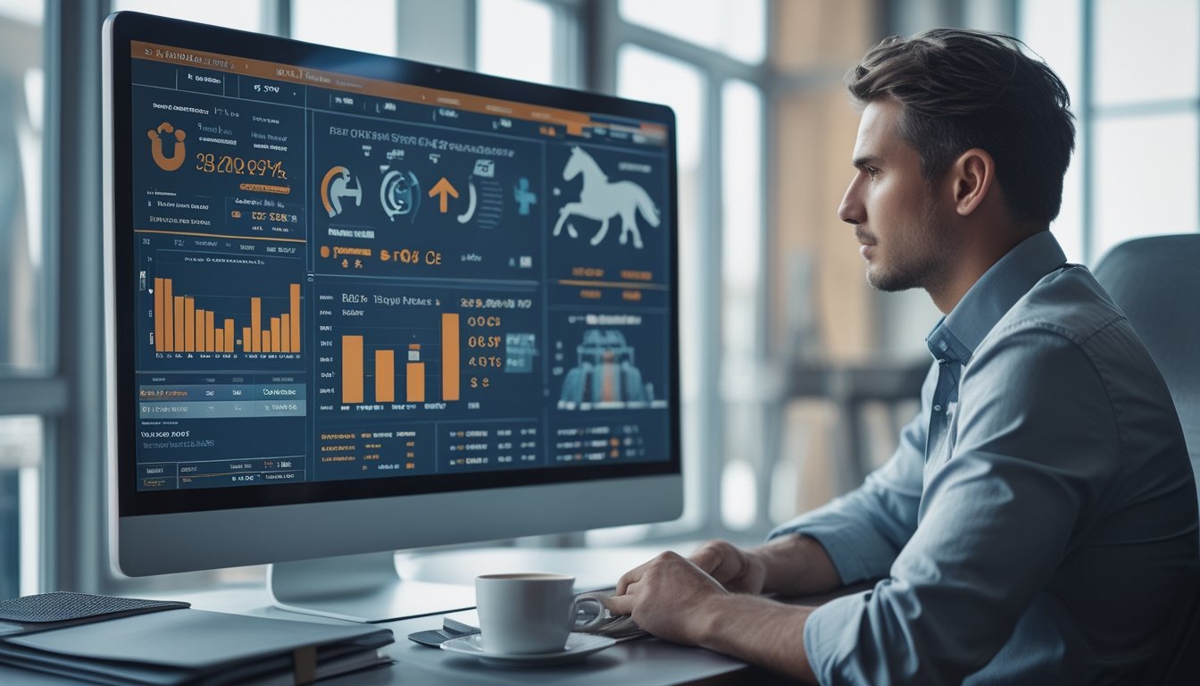 Seorang pria sedang menganalisis data performa kuda pacu di depan komputer di sebuah kantor modern.