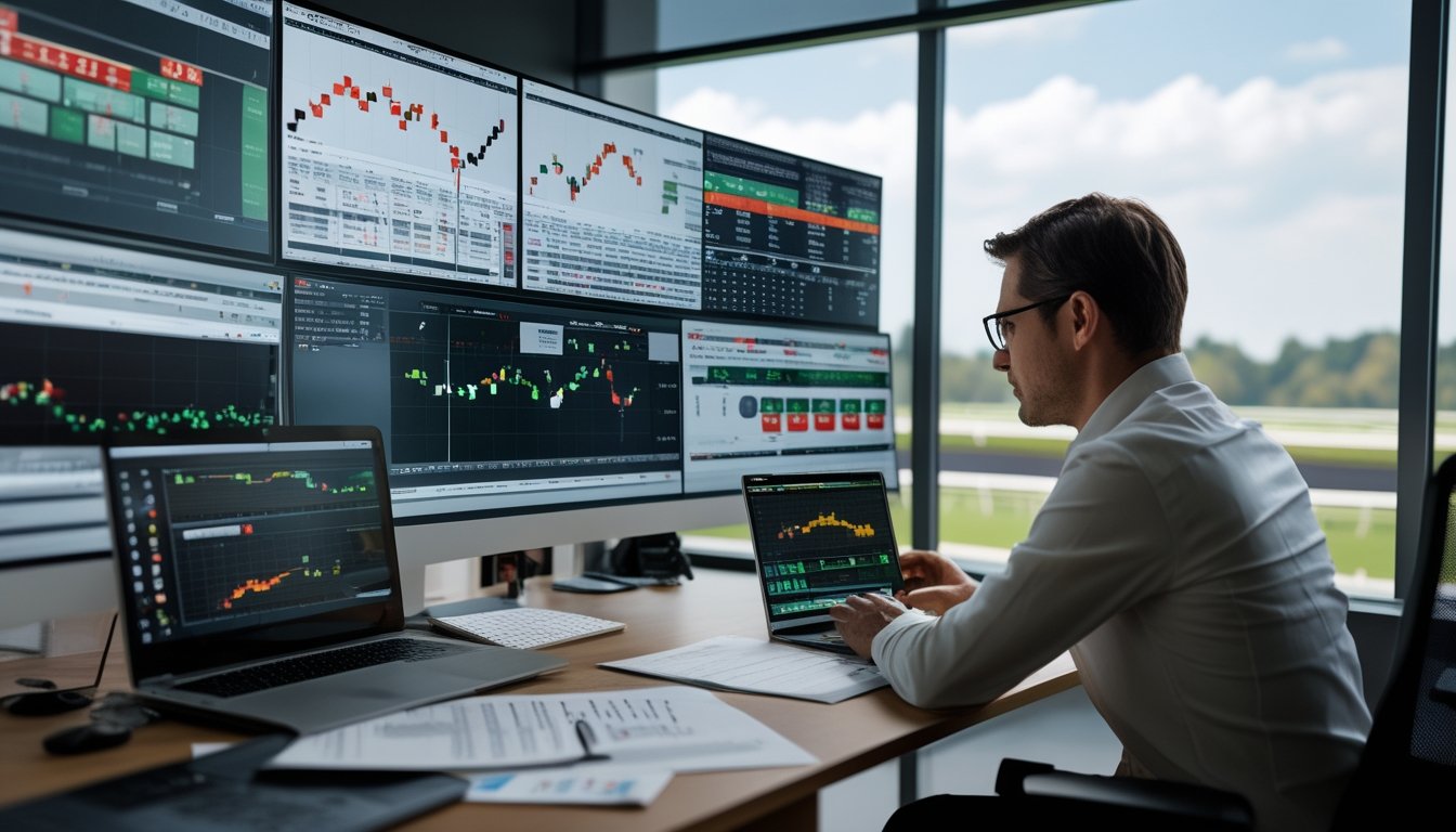 Seorang analis fokus memeriksa grafik dan data performa kuda balap di depan komputer dengan latar belakang arena pacuan kuda.