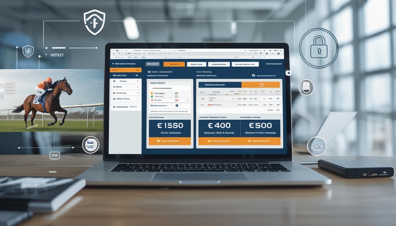 Layar laptop menampilkan platform taruhan balap kuda online dengan grafik odds, ikon keamanan, dan gambar joki mengendarai kuda balap.