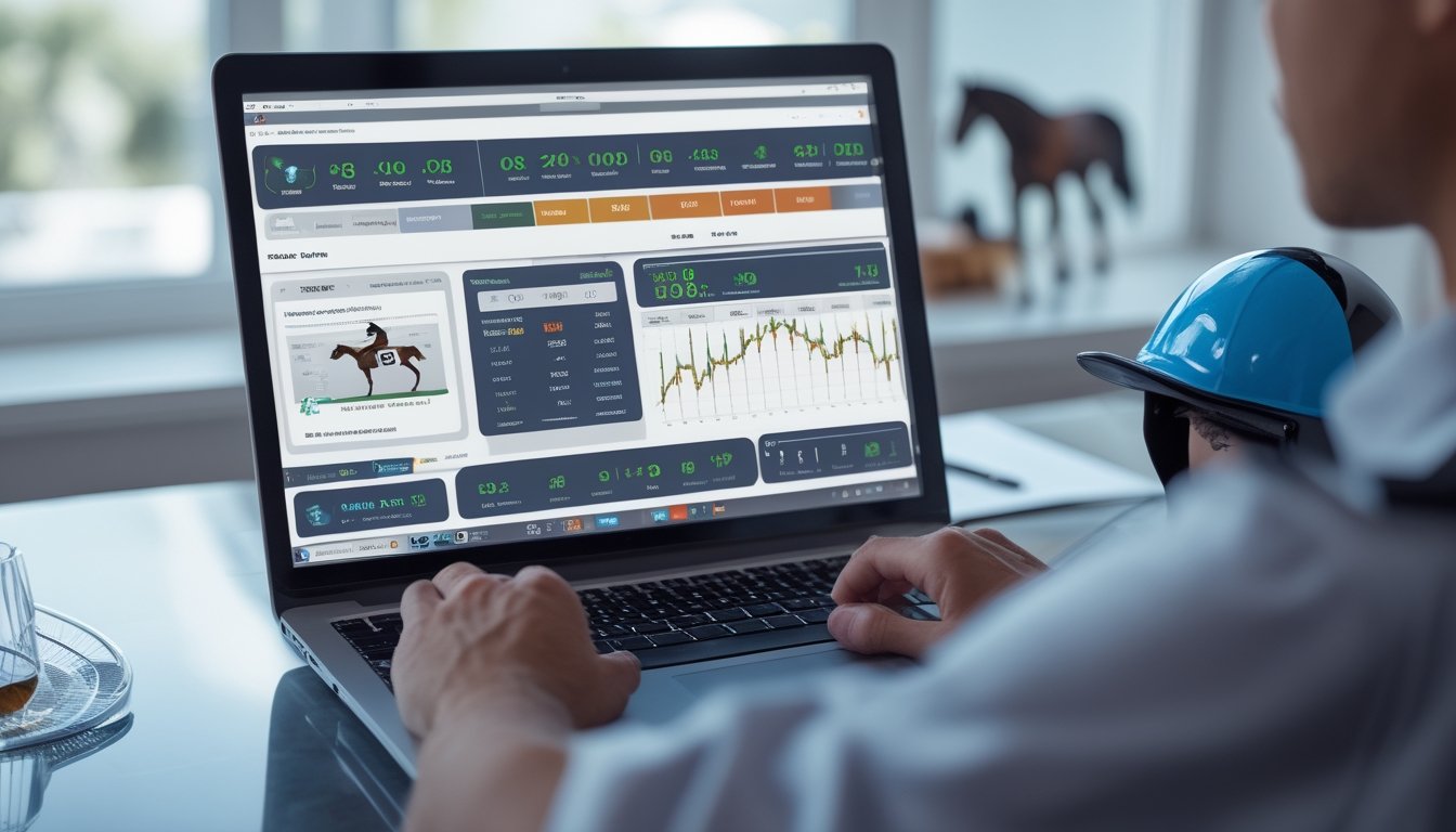 Seseorang sedang melihat layar komputer yang menampilkan platform taruhan balap kuda online dengan data peluang menang.