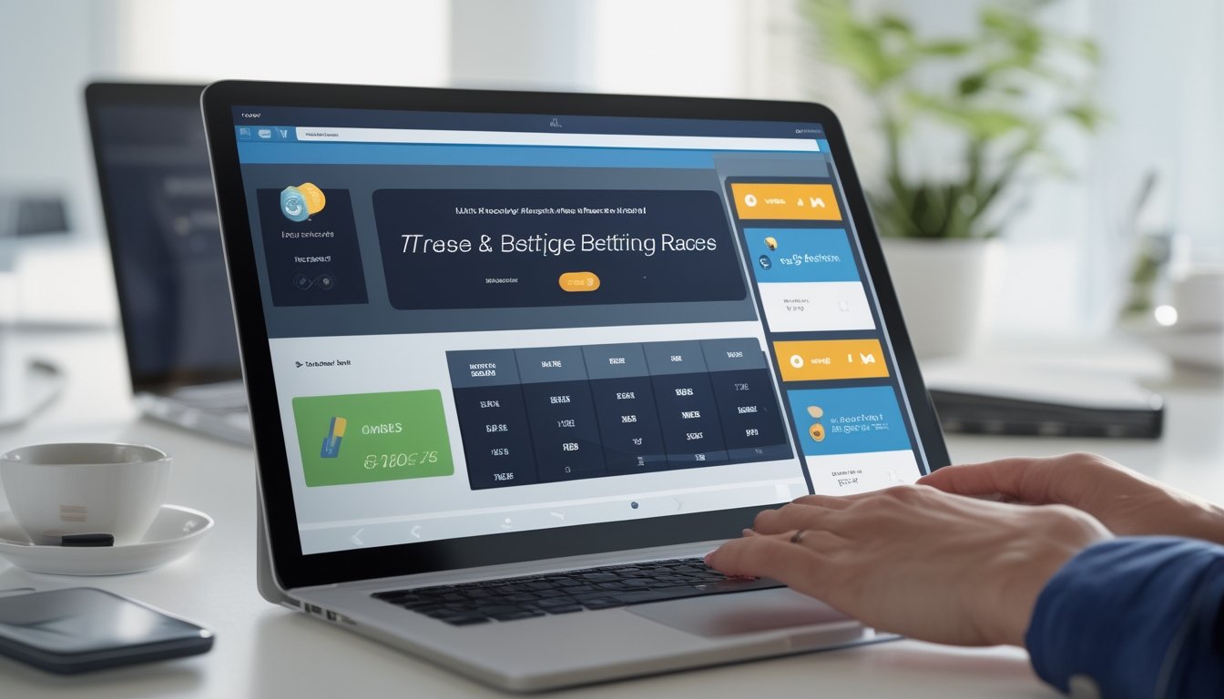 Seseorang menggunakan perangkat layar sentuh dengan tampilan antarmuka platform taruhan balap kuda yang mudah digunakan di meja kerja yang rapi.