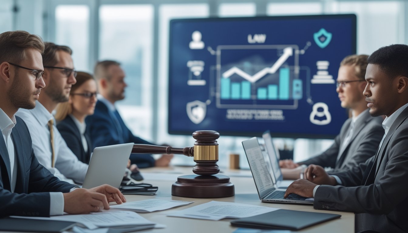 Sekelompok profesional sedang berdiskusi serius di kantor modern dengan dokumen dan laptop di meja, fokus pada aspek hukum dan regulasi platform judi balap kuda online.