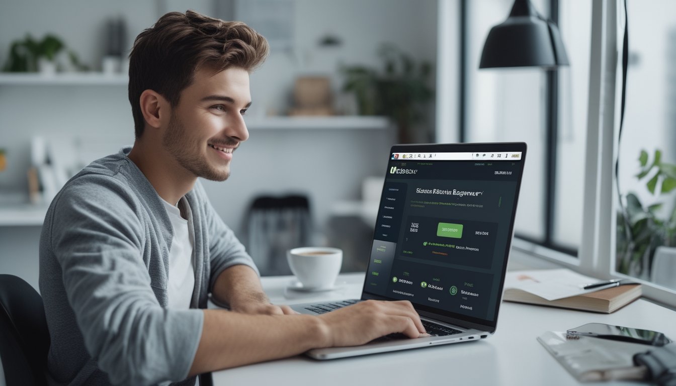 Seorang pemula menggunakan laptop di ruang kerja rumah yang rapi dan terang, terlihat fokus dan percaya diri saat menjelajahi platform taruhan online yang aman dan mudah digunakan.