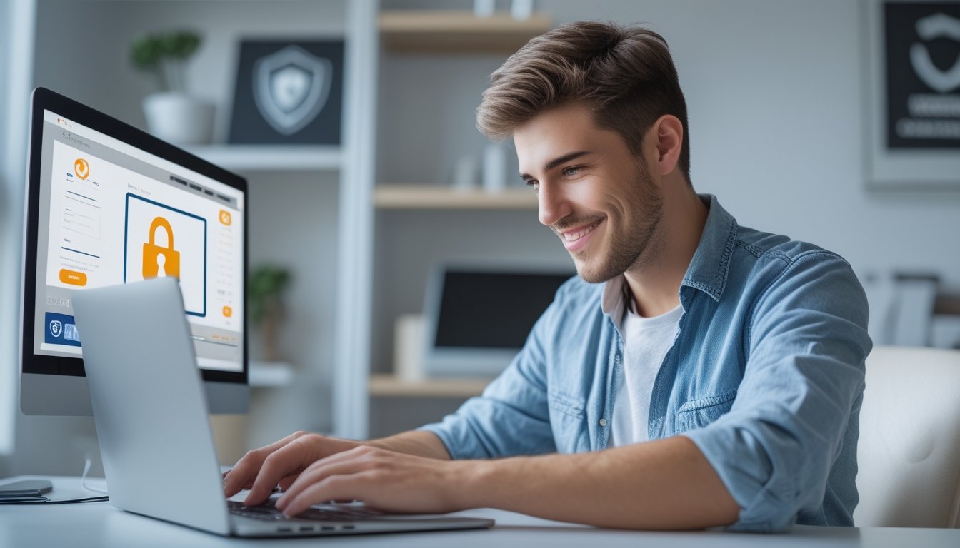 Seorang dewasa muda sedang menggunakan laptop di ruang kerja rumah yang rapi, terlihat fokus dan nyaman saat mengakses platform betting yang aman.