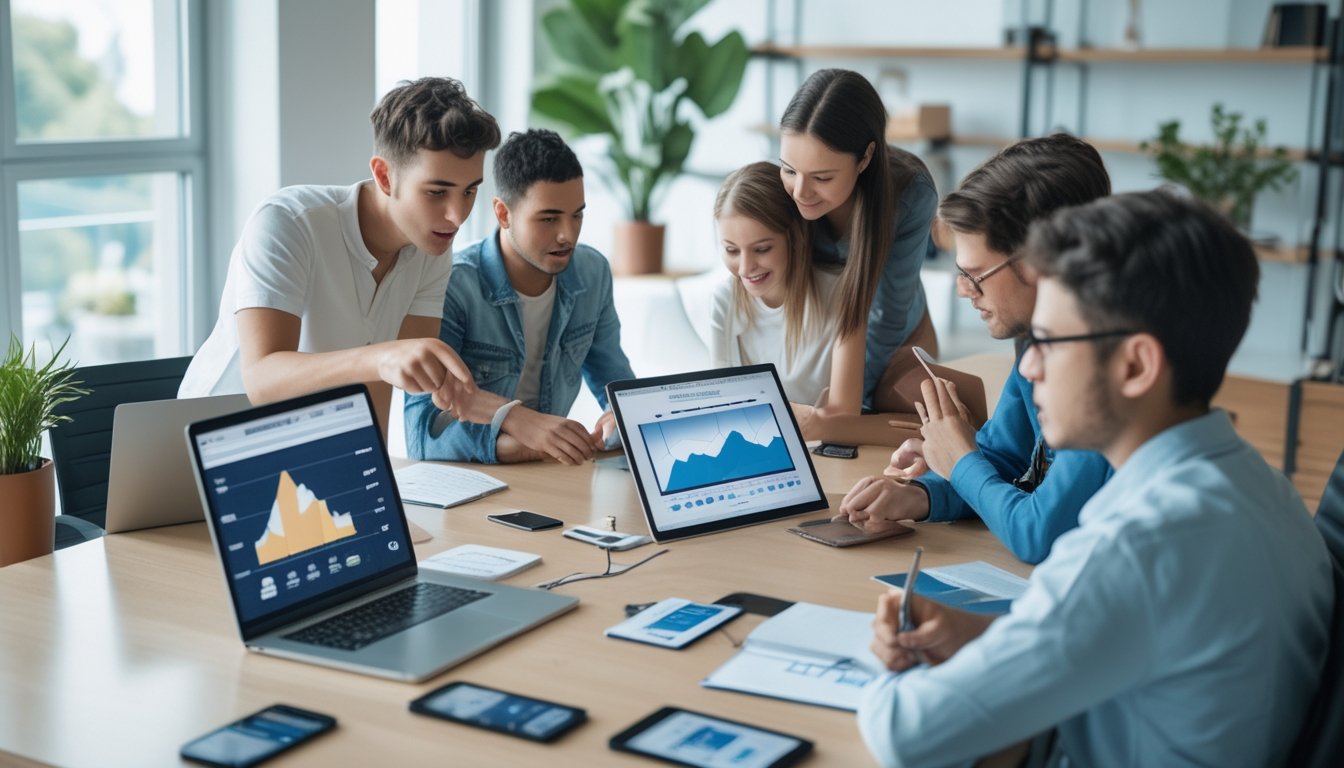Sekelompok orang muda sedang membandingkan fitur platform taruhan menggunakan laptop dan tablet di ruang kantor yang terang dan rapi.