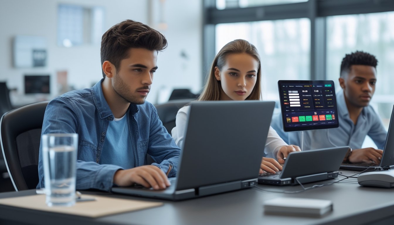 Dua orang muda sedang menggunakan laptop di kantor dengan suasana tenang dan fokus, terlihat berdiskusi tentang aktivitas taruhan online secara bertanggung jawab.