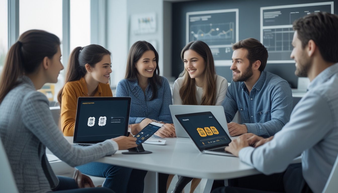 Sekelompok orang muda sedang berdiskusi di ruang kerja modern dengan laptop dan perangkat digital, fokus pada penggunaan platform betting secara bertanggung jawab.