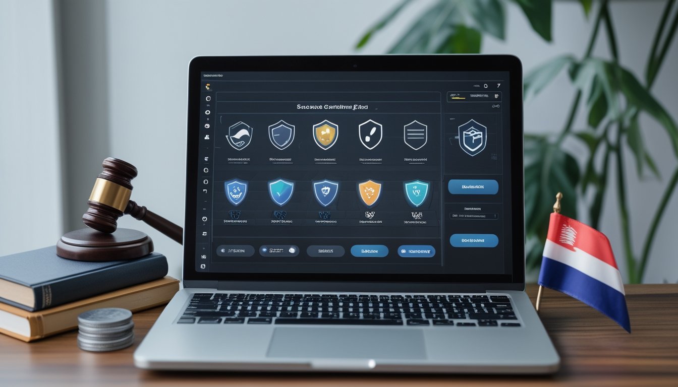 Sebuah ruang kerja modern dengan laptop yang menampilkan platform taruhan online yang aman, dikelilingi palu hakim, buku hukum, dan bendera kecil Indonesia di atas meja.