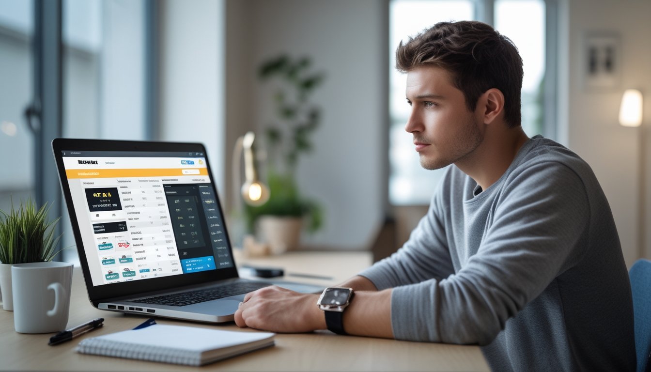 Seorang pria muda duduk di meja dengan laptop, mencermati layar platform taruhan online, dikelilingi alat tulis dan ponsel di ruangan yang terang.