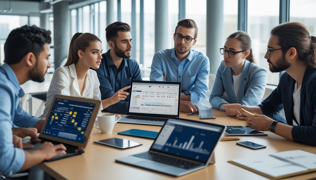 Sekelompok orang muda sedang berdiskusi serius di meja kantor dengan perangkat elektronik yang menampilkan data platform betting.