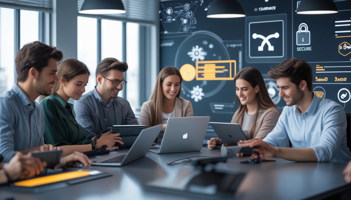 Sekelompok orang menggunakan perangkat digital di kantor modern, menunjukkan aktivitas terkait platform taruhan dengan metode deposit dan penarikan yang mudah.