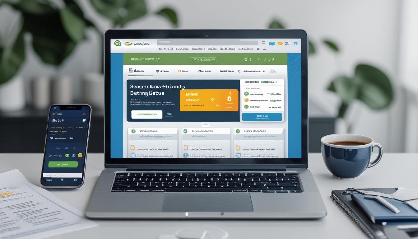 Seorang profesional menggunakan laptop dan smartphone untuk mengakses platform taruhan online dengan simbol metode deposit dan penarikan yang mudah.