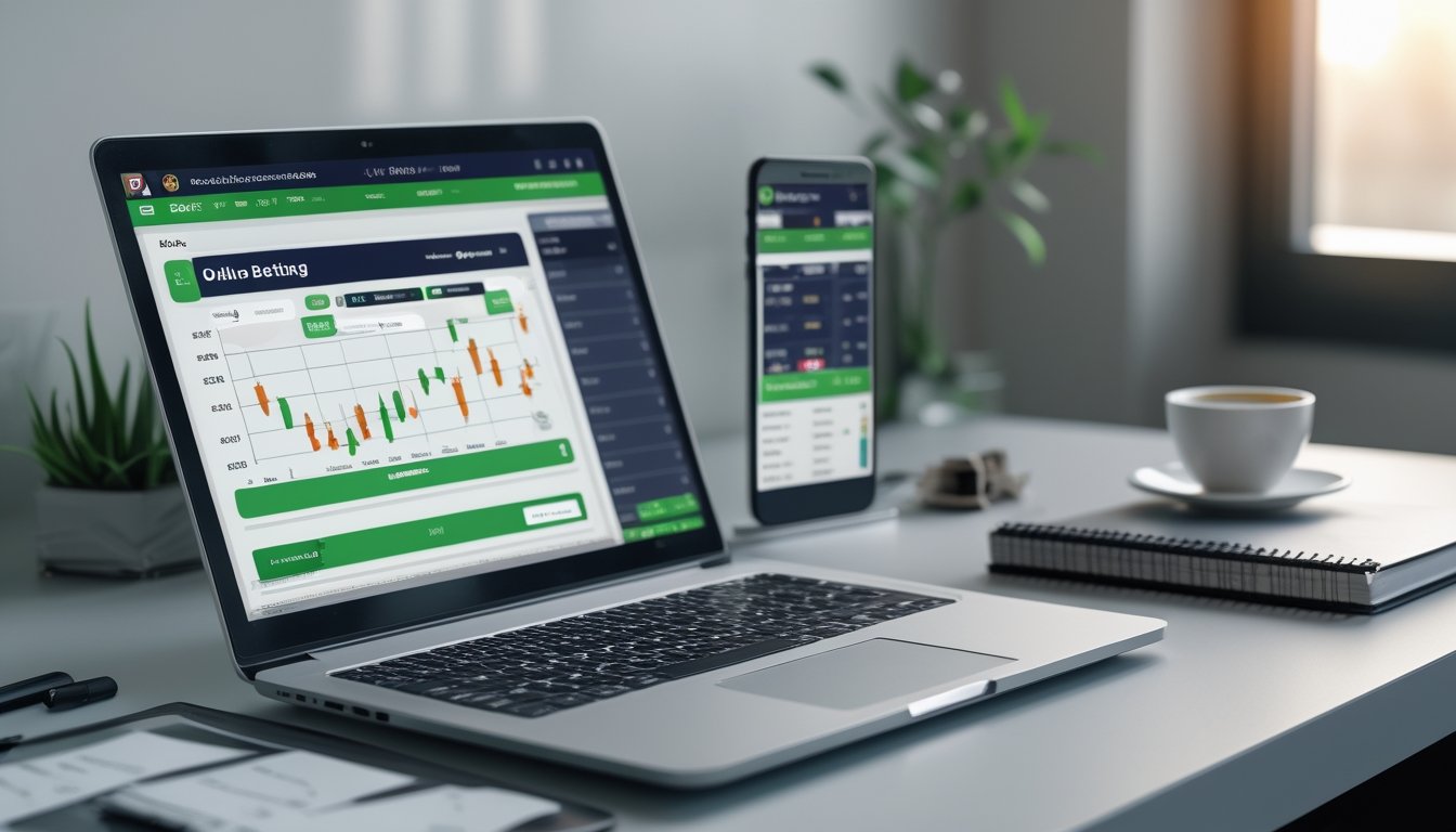 Sebuah meja kerja modern dengan laptop, ponsel, dan buku catatan yang menunjukkan aktivitas terkait platform taruhan online.