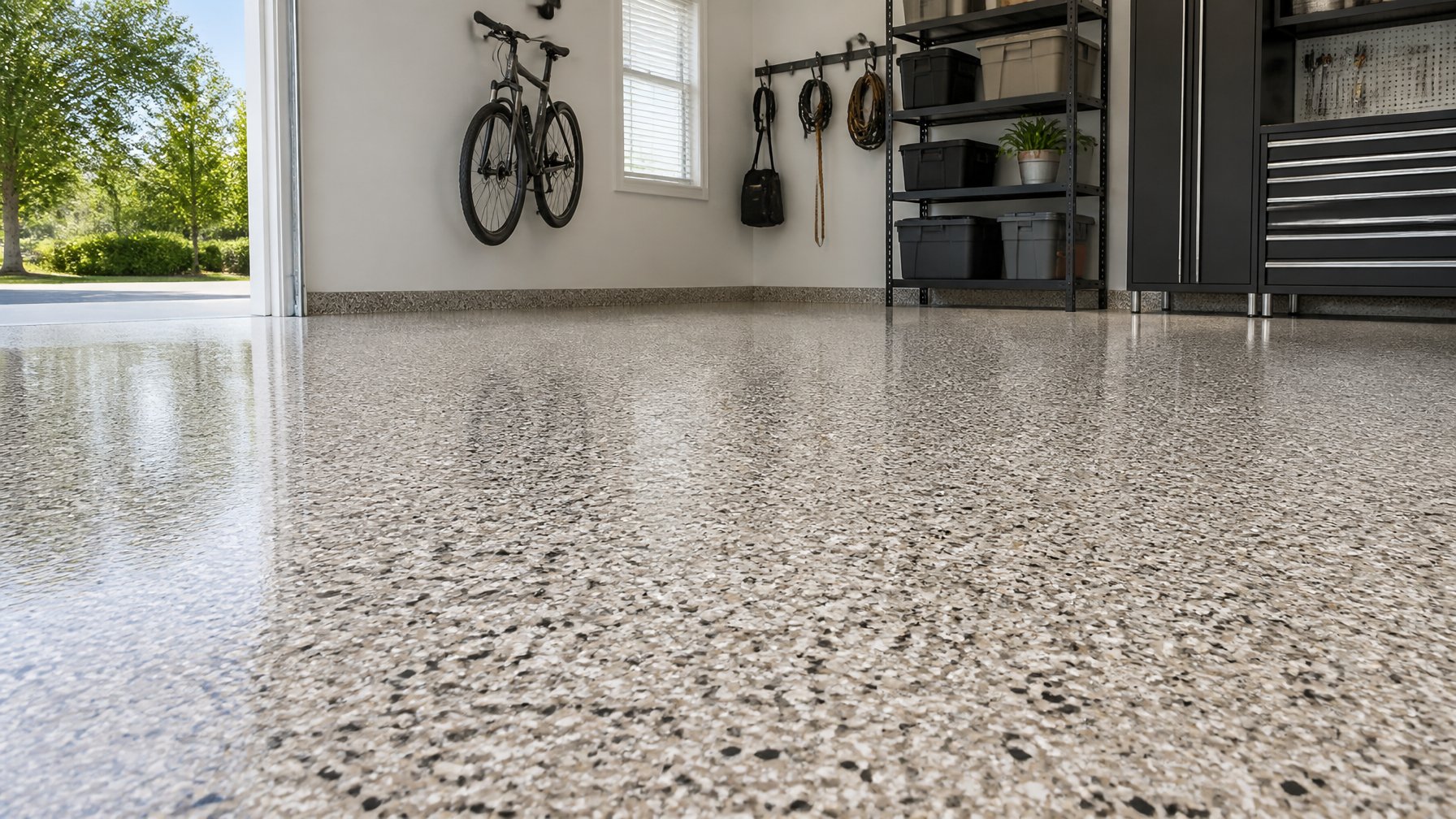 A clean garage floor with neutral-colored epoxy flakes and some storage shelves and a bicycle in the background.