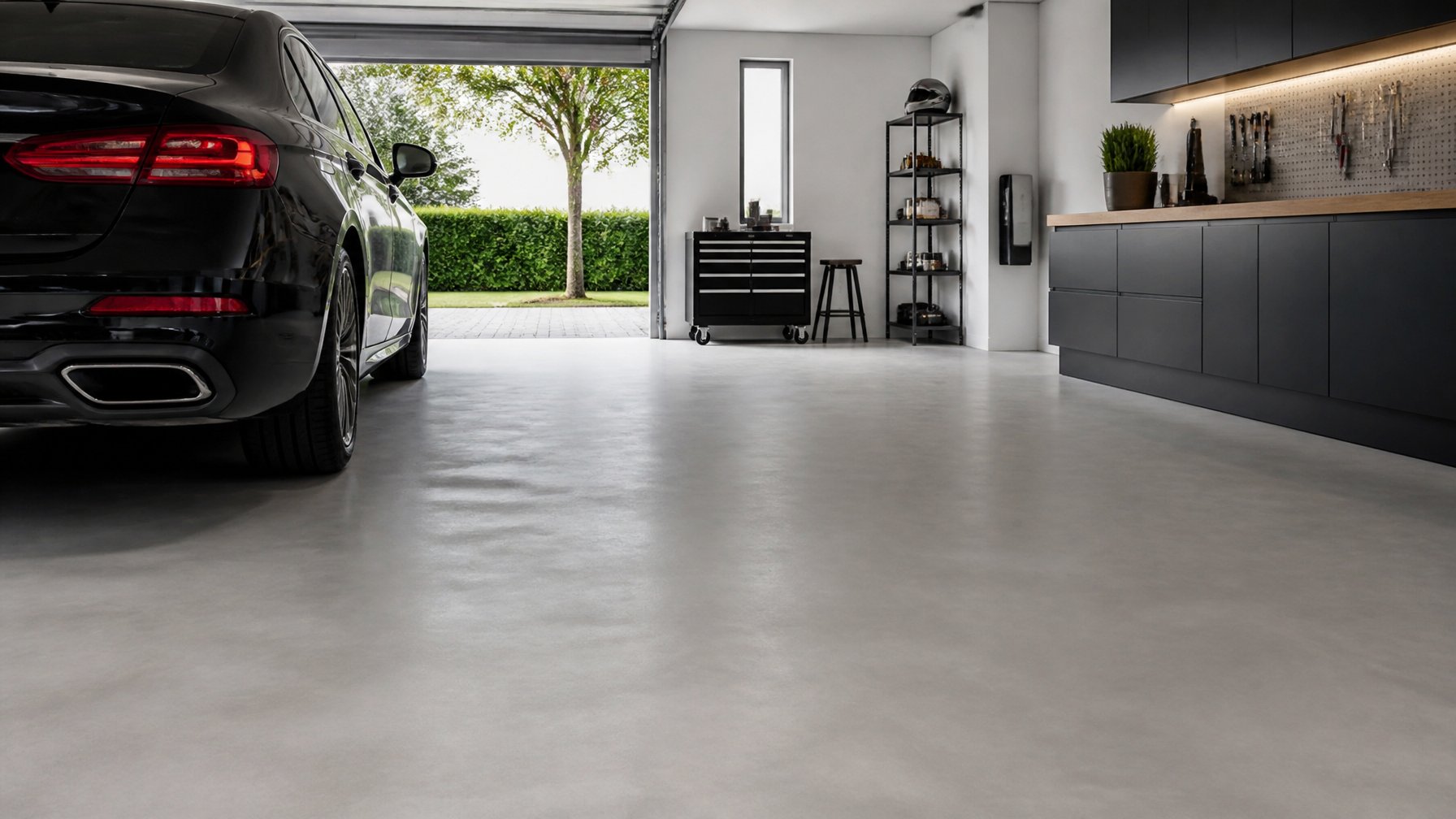 A clean and organized garage interior with a smooth gray floor, storage cabinets, and a parked car.