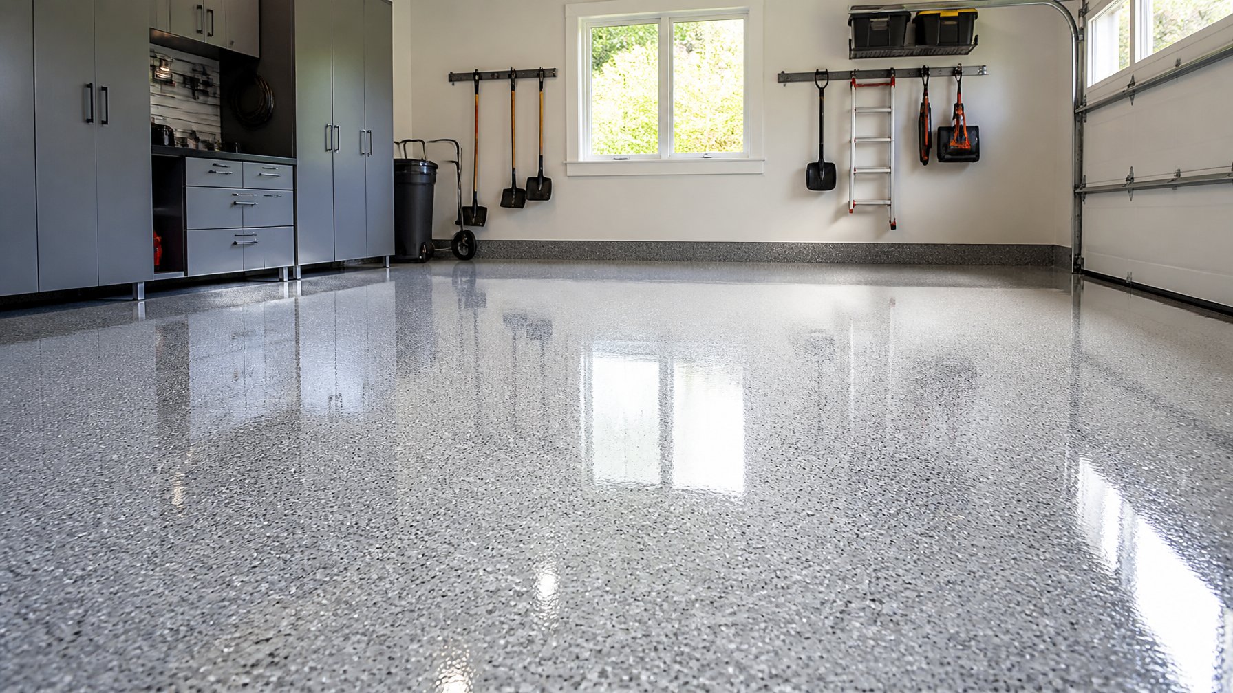 A clean and organized residential garage with a shiny, smooth floor reflecting light, showing subtle color and texture variations.