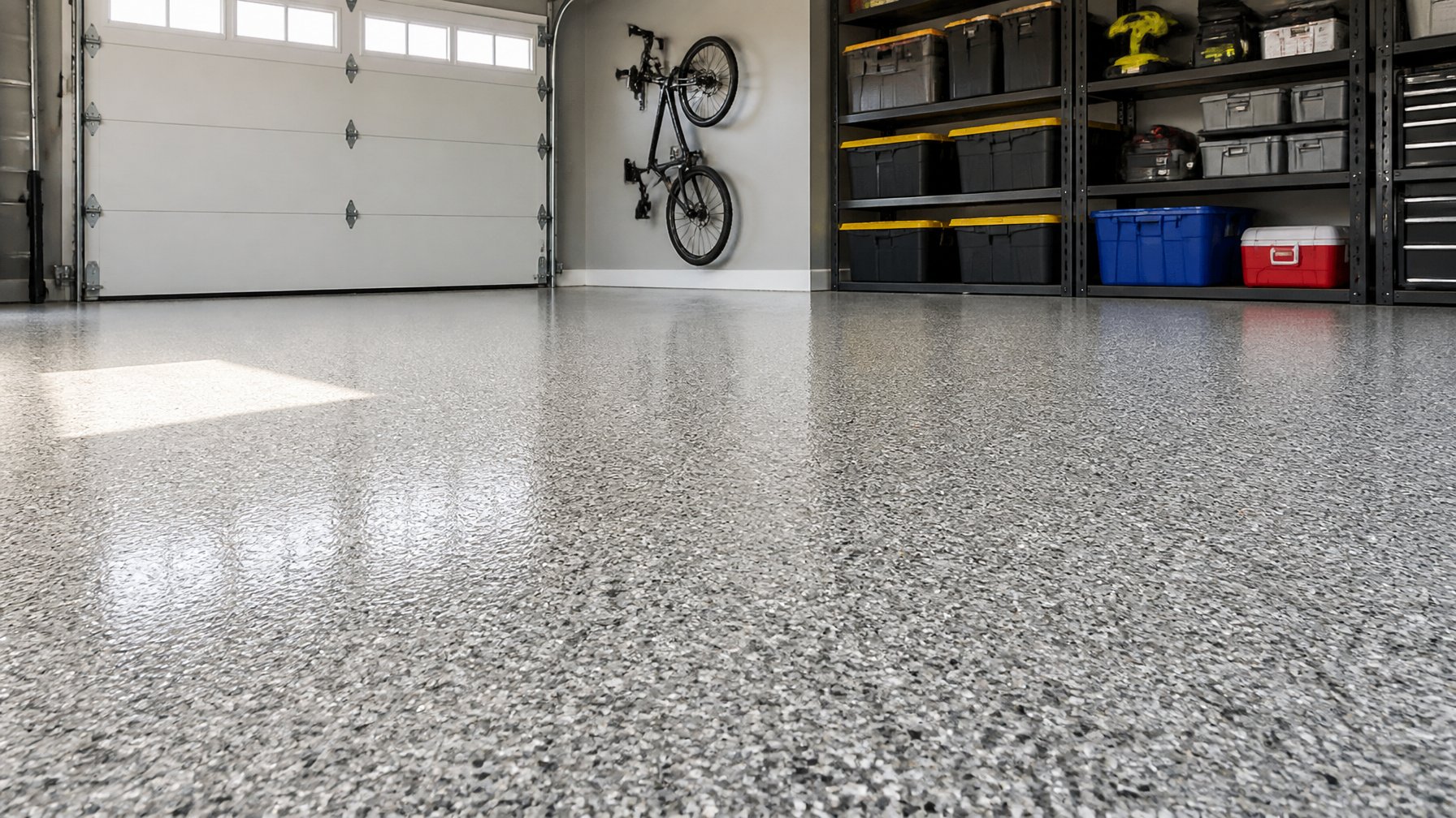 A clean garage floor with textured anti-slip epoxy coating and fine grit additive, showing a speckled surface and organized garage interior.