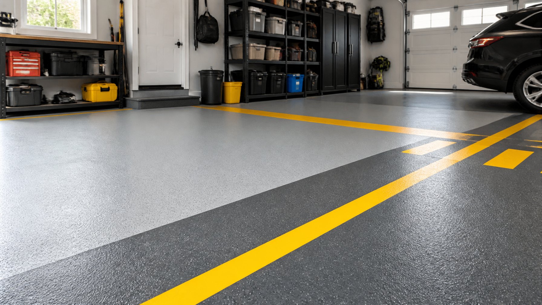 Garage interior with a two-tone painted floor and yellow non-slip strips, showing organized storage and a parked car.
